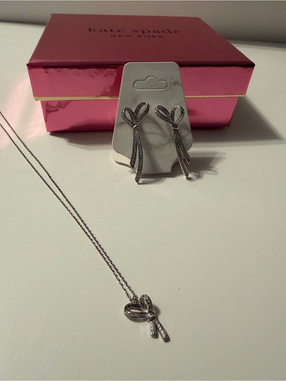 Kate Spade ♠️ Silver Bow Earrings & Necklace Set - All Tied Up NWOT
